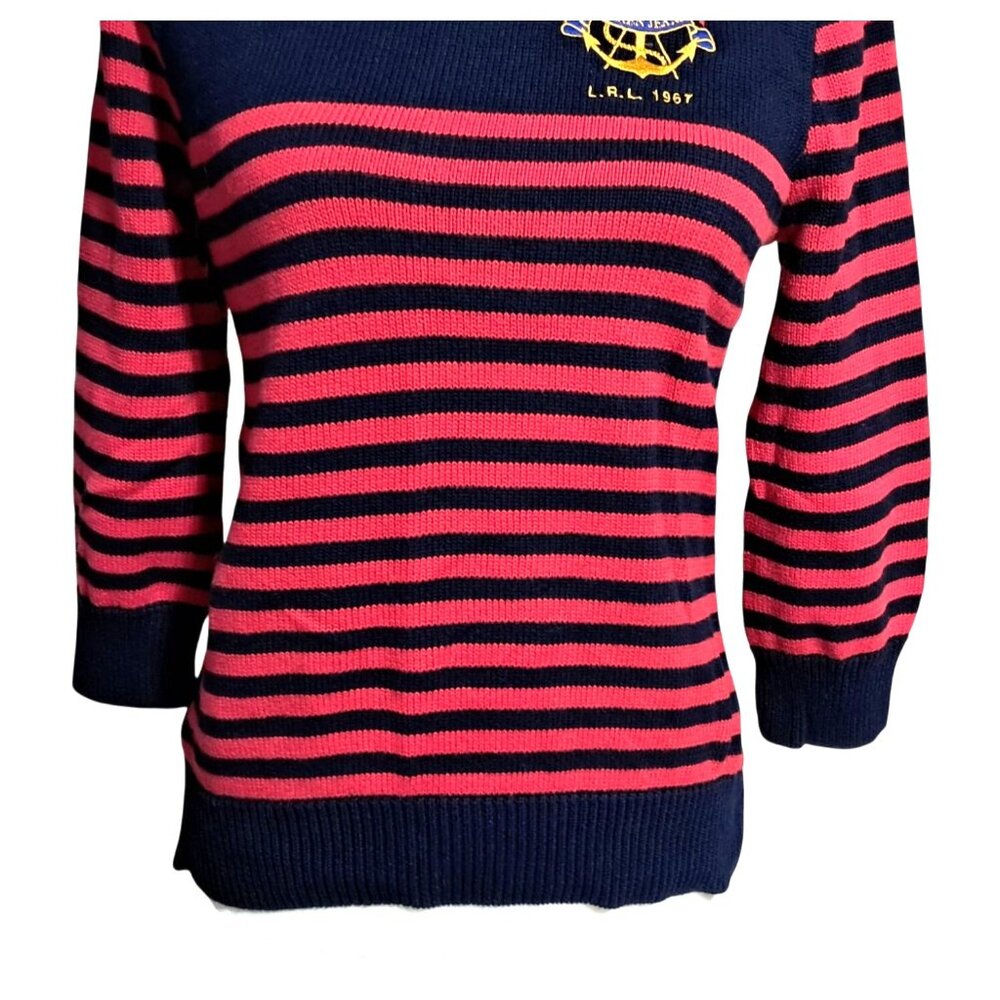 Ralph Lauren Nautical Sweater Womens Size M Embroidered Flag Crest Red & Blue St - Picture 4 of 10